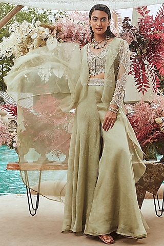 Sage Green Embroidered Jacket Set by Ridhima Bhasin