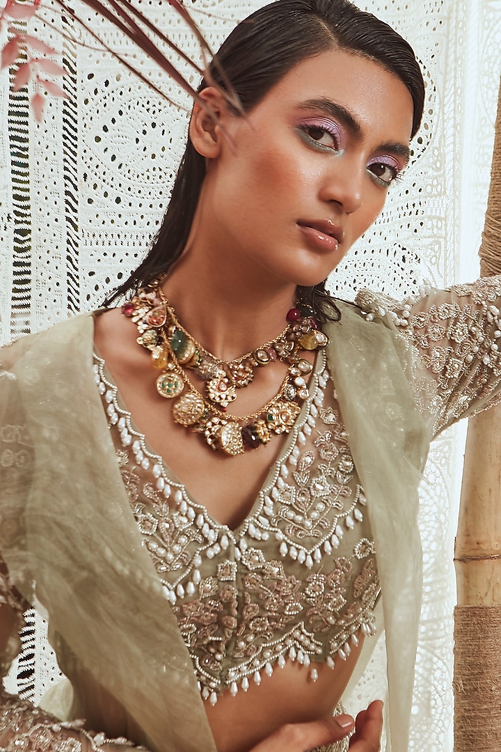 Sage Green Embroidered Jacket Set by Ridhima Bhasin at Pernia's Pop Up Shop