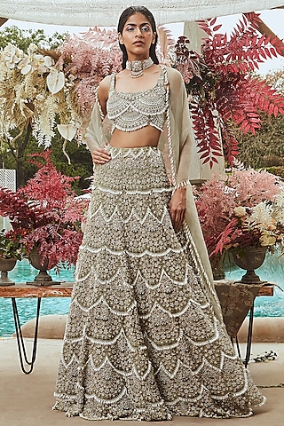 Sage Green Pearl Embroidered Lehenga Set by Ridhima Bhasin