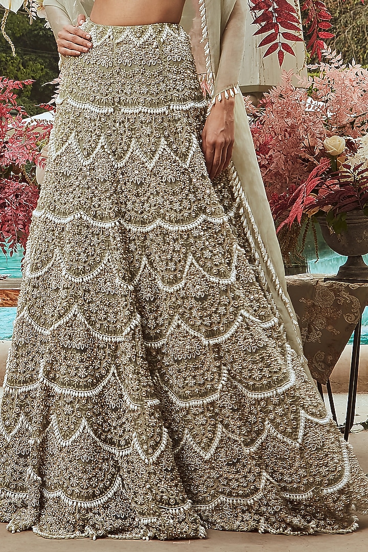 Sage Green Pearl Embroidered Bridal Lehenga Set by Ridhima Bhasin at Pernia's Pop Up Shop