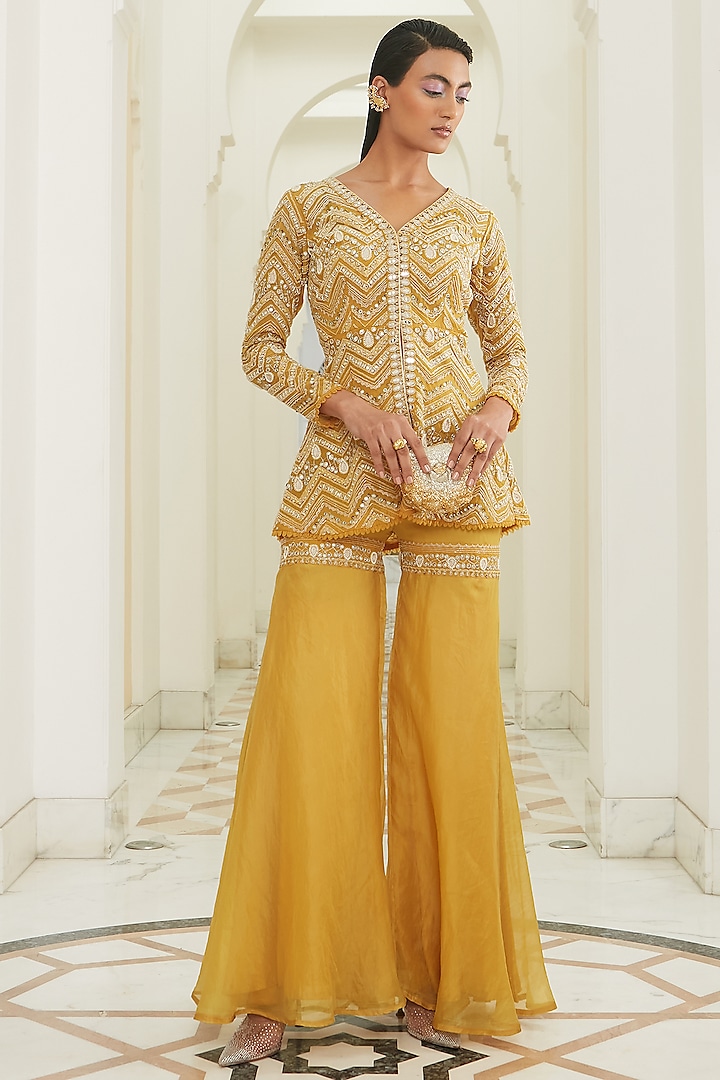 Yellow Embroidered Sharara Set by Ridhima Bhasin