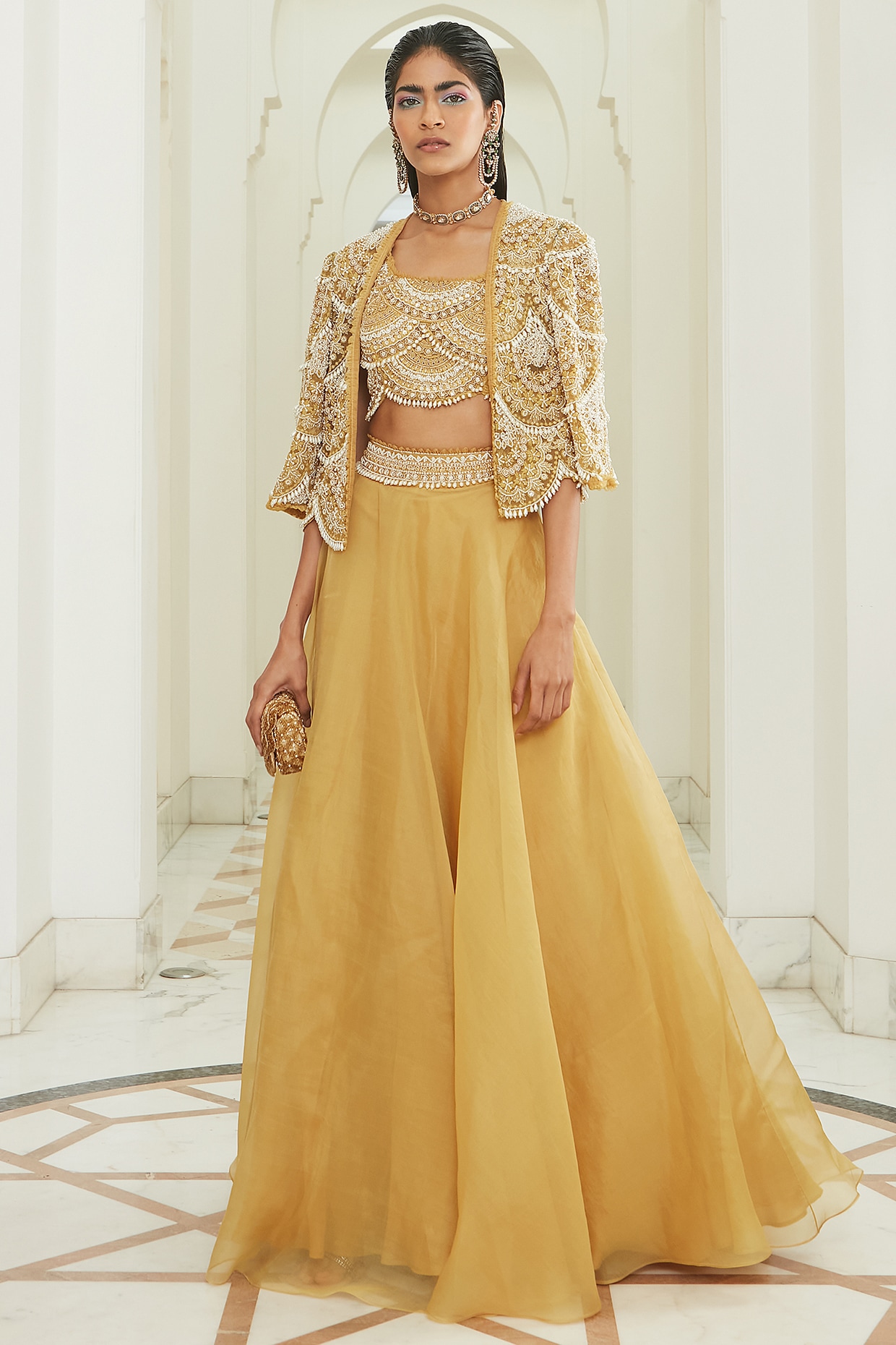 Osaa by Adarsh Embroidered Jacket Lehenga Set | Yellow, Sequin, Organza,  Round, Three Quarter | Gold jacket, Embroidered jacket, Aza fashion