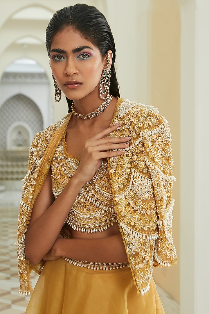 Yellow Organza Embroidered Jacket Wedding Lehenga Set by Ridhima Bhasin at Pernia's Pop Up Shop
