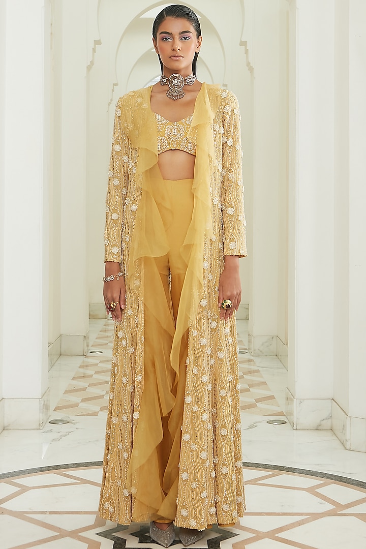 Yellow Pearl Embroidered Bridal Sharara Set by Ridhima Bhasin at Pernia's Pop Up Shop