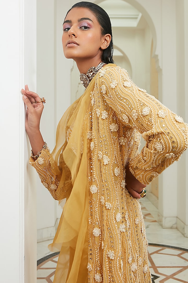 Yellow Pearl Embroidered Bridal Sharara Set by Ridhima Bhasin at Pernia's Pop Up Shop