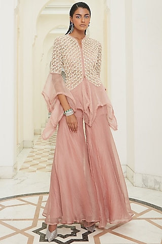 Pink Pearl Embroidered Jacket Set by Ridhima Bhasin