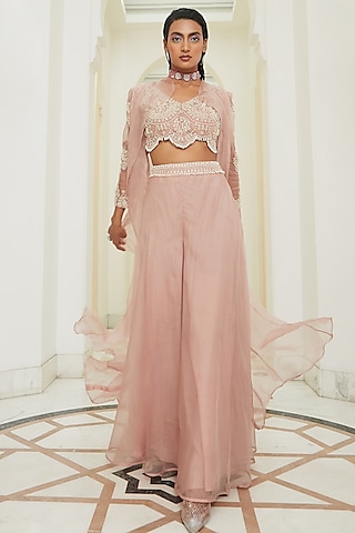 Pink Pearl Drop Embroidered Jacket Set by Ridhima Bhasin