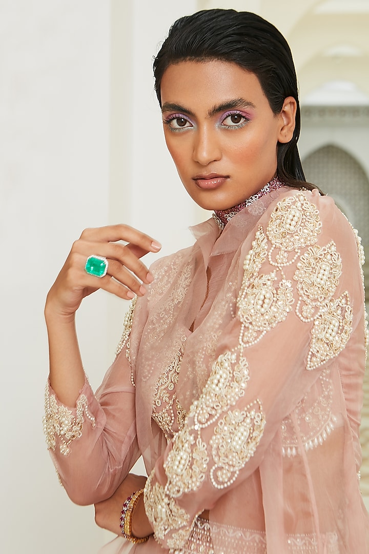 Pink Pearl Drop Embroidered Jacket Set by Ridhima Bhasin at Pernia's Pop Up Shop