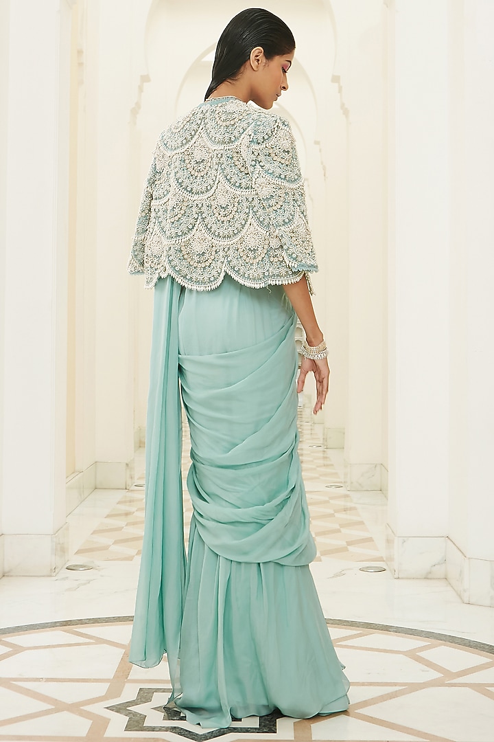 Cruise Teal Chiffon Pre-Draped Jacket Wedding Saree Set by Ridhima Bhasin at Pernia's Pop Up Shop