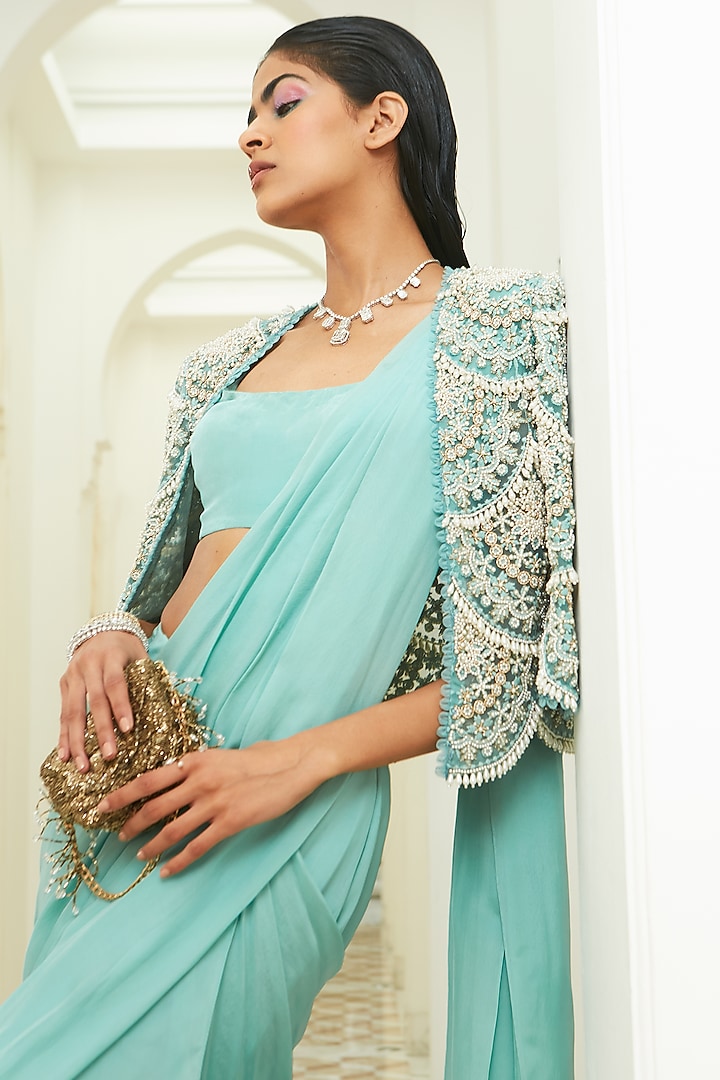 Cruise Teal Chiffon Pre-Draped Jacket Saree Set by Ridhima Bhasin