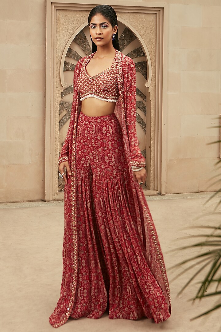Red Botanical Printed & Embroidered Jacket Set by Ridhima Bhasin