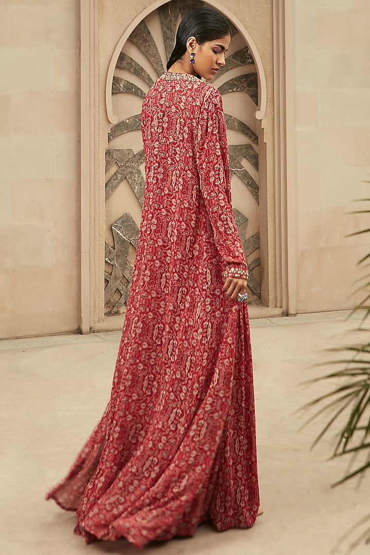 Red Botanical Printed & Embroidered Jacket Set by Ridhima Bhasin at Pernia's Pop Up Shop