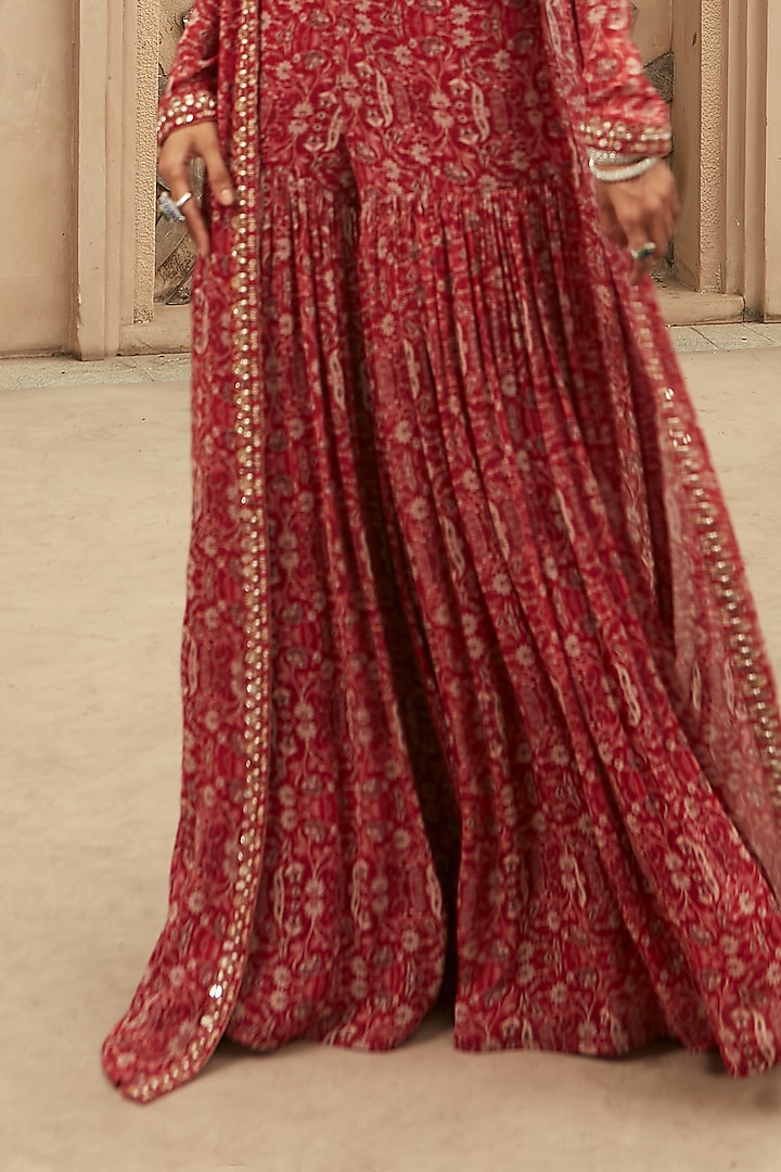 Red Botanical Printed & Embroidered Jacket Set by Ridhima Bhasin at Pernia's Pop Up Shop