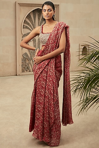Red Pre-Draped Hand Embroidered Saree Set by Ridhima Bhasin