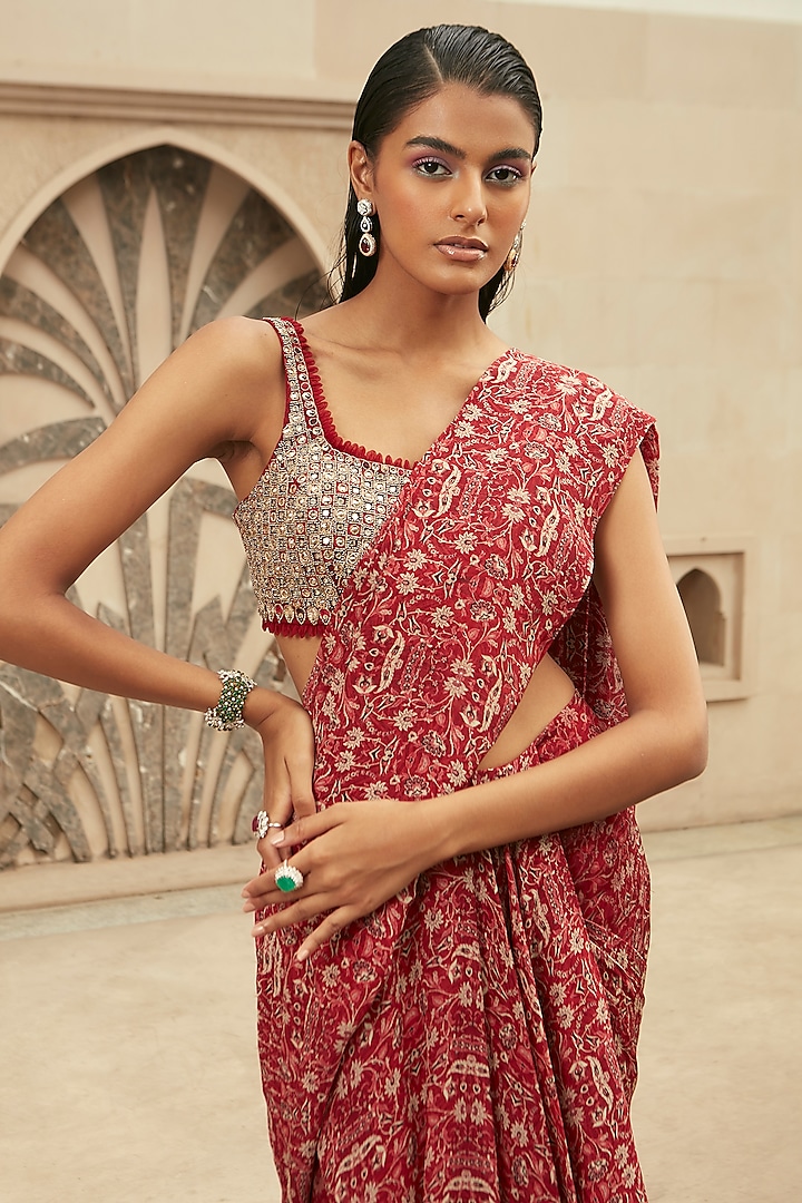 Red Pre-Draped Hand Embroidered Wedding Saree Set by Ridhima Bhasin at Pernia's Pop Up Shop