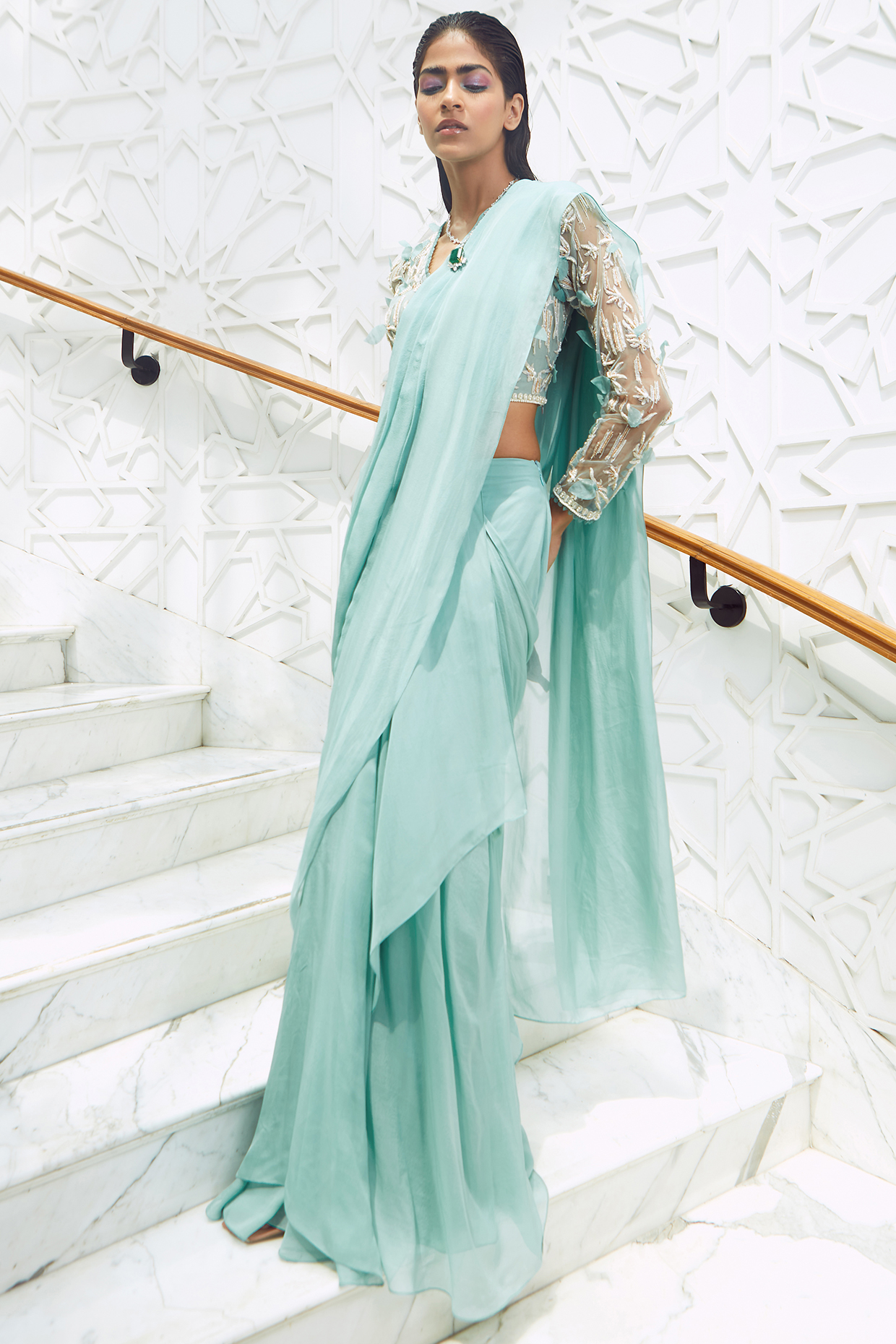 Cruise Teal Chiffon Pre-Draped Wedding Saree Set by Ridhima Bhasin at Pernia's Pop Up Shop