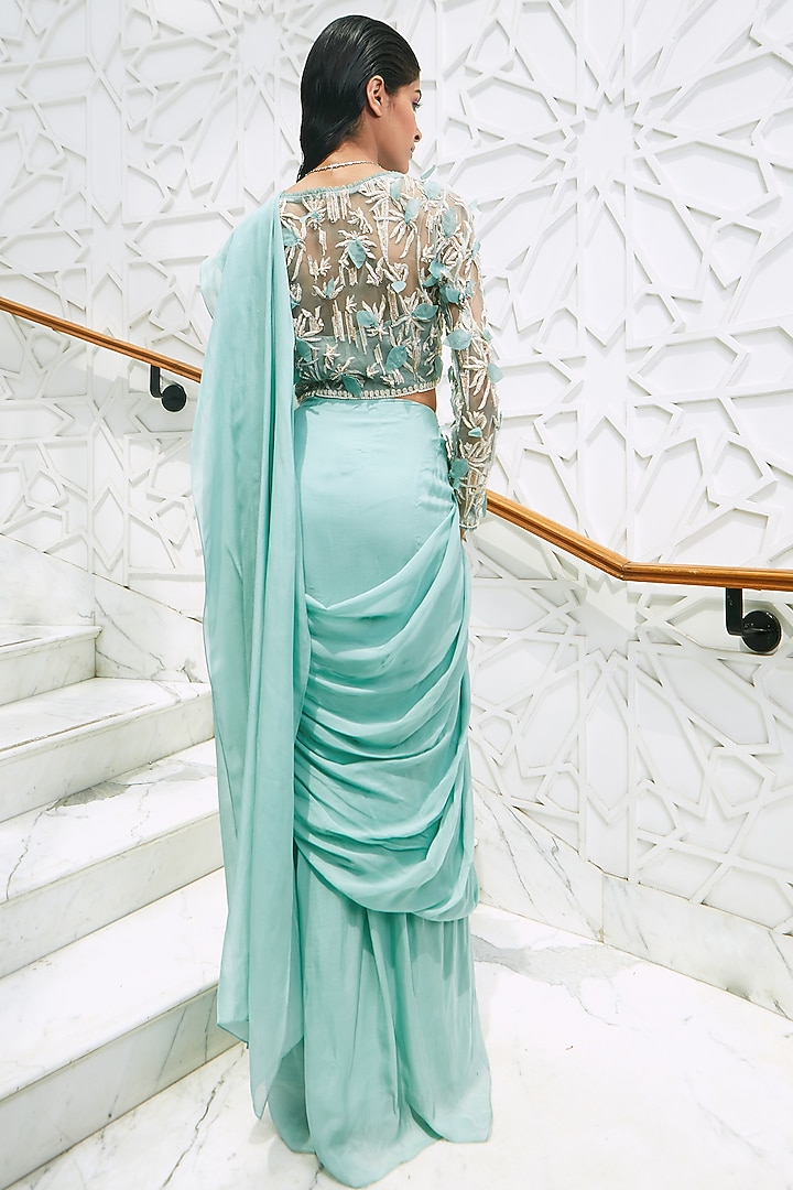 Cruise Teal Chiffon Pre-Draped Wedding Saree Set by Ridhima Bhasin at Pernia's Pop Up Shop