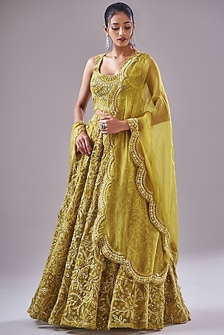 Mustard Tulle & Organza Hand Embroidered Lehenga Set by Ridhima Bhasin