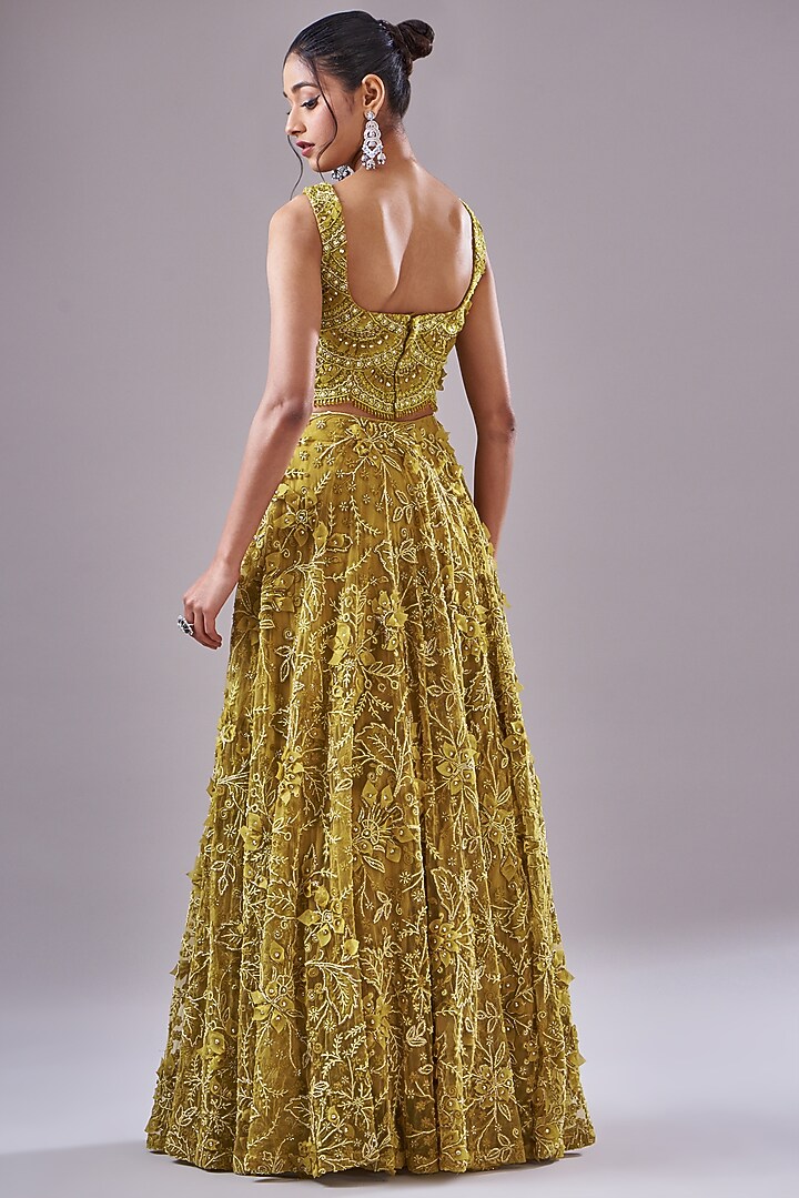 Mustard Tulle & Organza Hand Embroidered Bridal Lehenga Set by Ridhima Bhasin at Pernia's Pop Up Shop