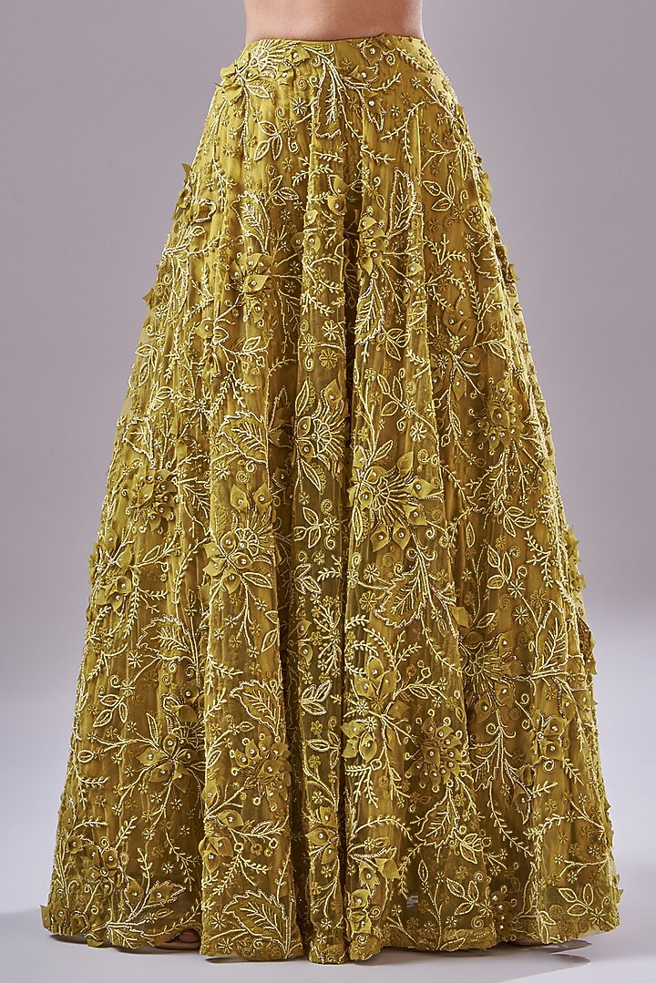 Mustard Tulle & Organza Hand Embroidered Bridal Lehenga Set by Ridhima Bhasin at Pernia's Pop Up Shop
