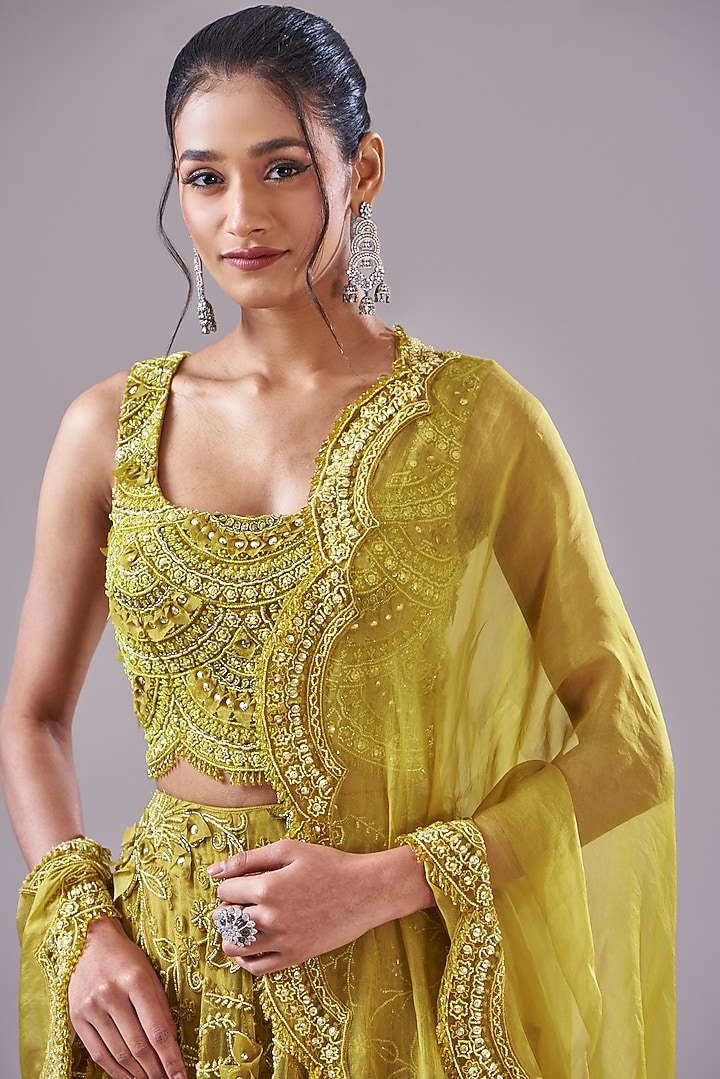 Mustard Tulle & Organza Hand Embroidered Bridal Lehenga Set by Ridhima Bhasin at Pernia's Pop Up Shop