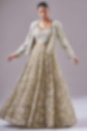 Beige Organza Embroidered Jacket Bridal Lehenga Set by Ridhima Bhasin at Pernia's Pop Up Shop