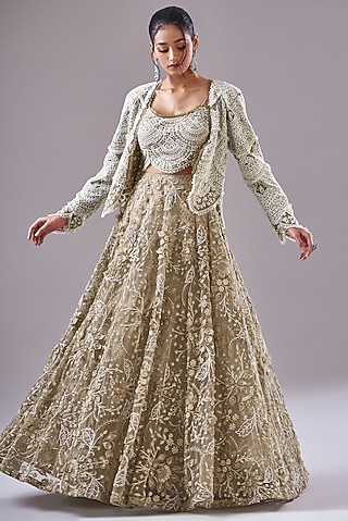 BEIGE NET EMBROIDERED LEHENGA WITH PEPLUM JACKET main image 1