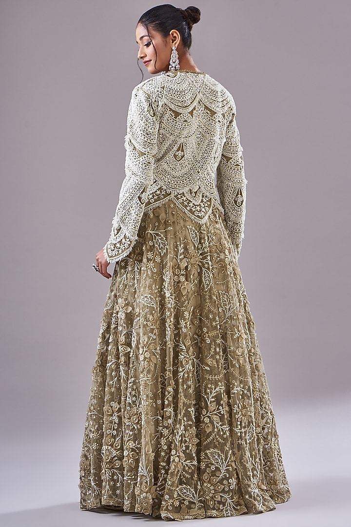 Beige Organza Embroidered Jacket Bridal Lehenga Set by Ridhima Bhasin at Pernia's Pop Up Shop