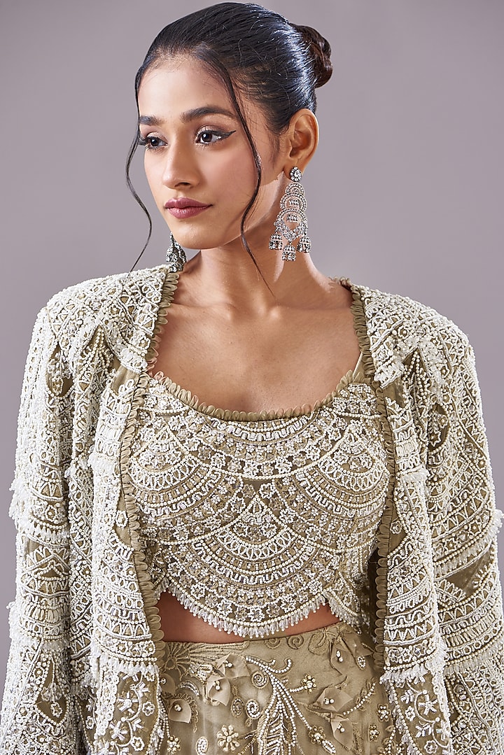 Beige Organza Embroidered Jacket Bridal Lehenga Set by Ridhima Bhasin at Pernia's Pop Up Shop