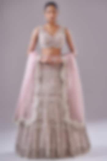 Blush Pink Tulle & Organza Hand Embroidered Bridal Lehenga Set by Ridhima Bhasin at Pernia's Pop Up Shop