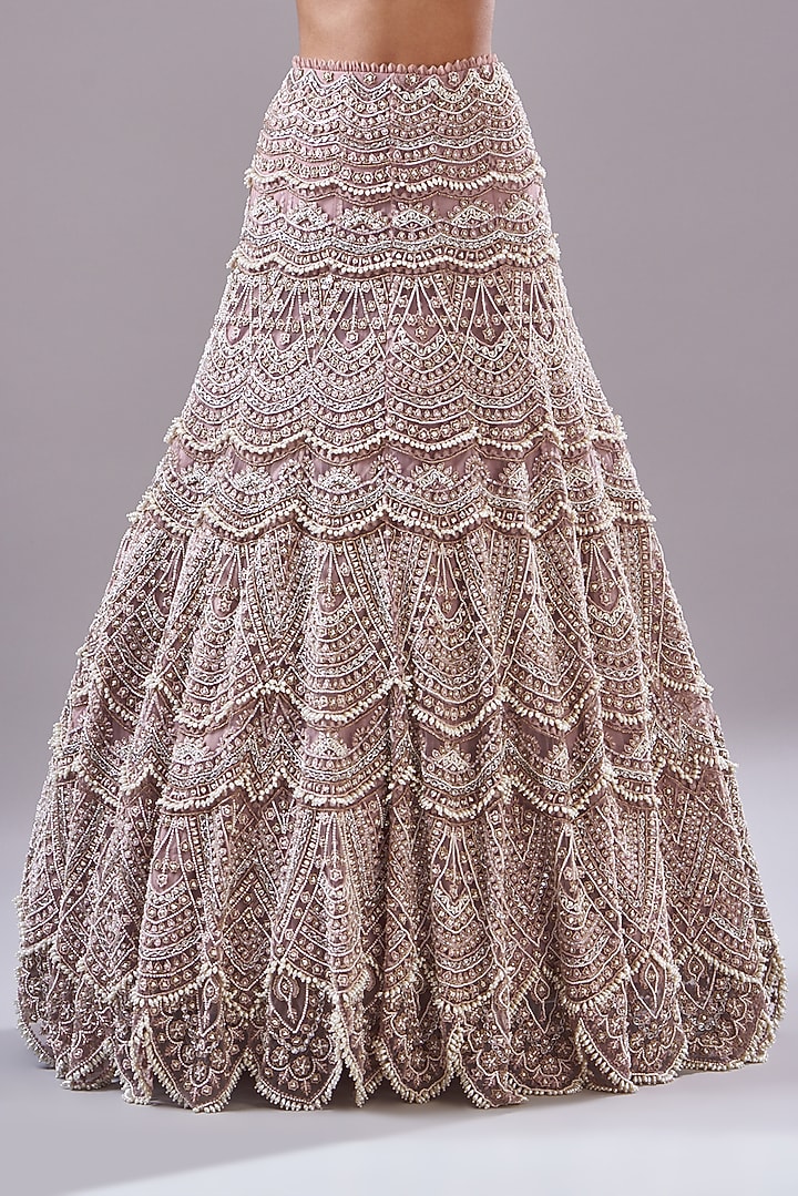 Blush Pink Tulle & Organza Hand Embroidered Bridal Lehenga Set by Ridhima Bhasin at Pernia's Pop Up Shop