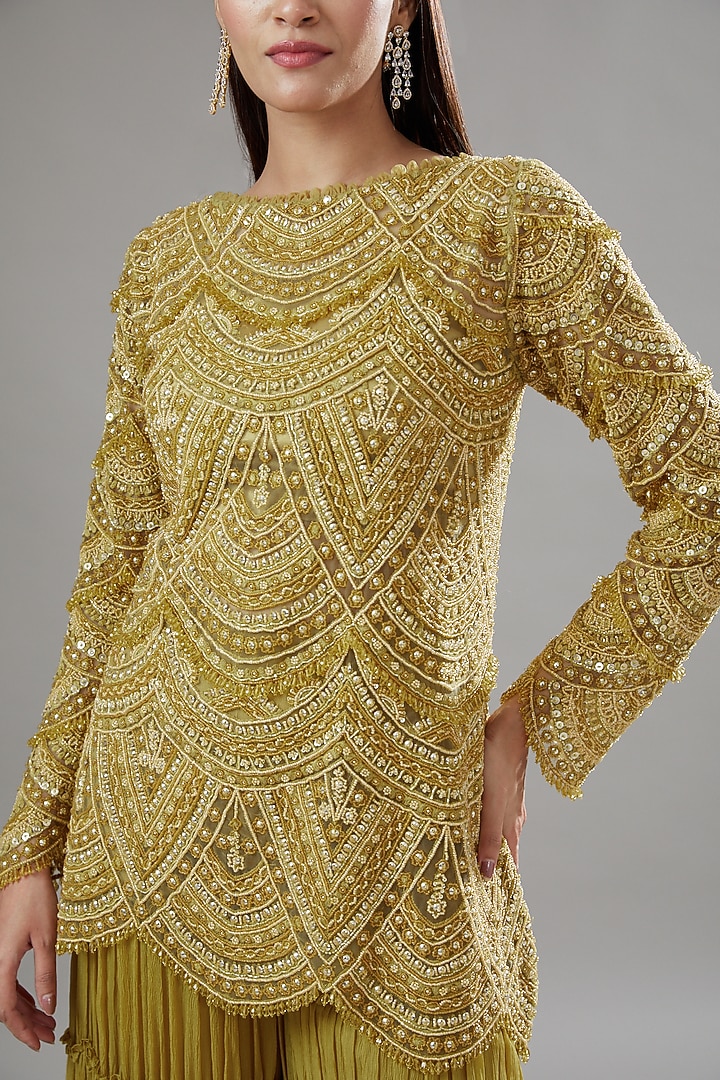 Mustard Tulle & Crepe Bridal Sharara Set by Ridhima Bhasin at Pernia's Pop Up Shop