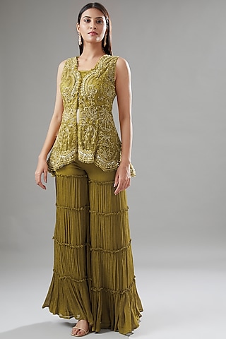 Mustard Tulle & Crepe Sharara Set by Ridhima Bhasin