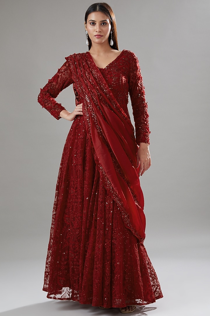 Red Tulle & Organza Embroidered Bridal Anarkali Set by Ridhima Bhasin at Pernia's Pop Up Shop