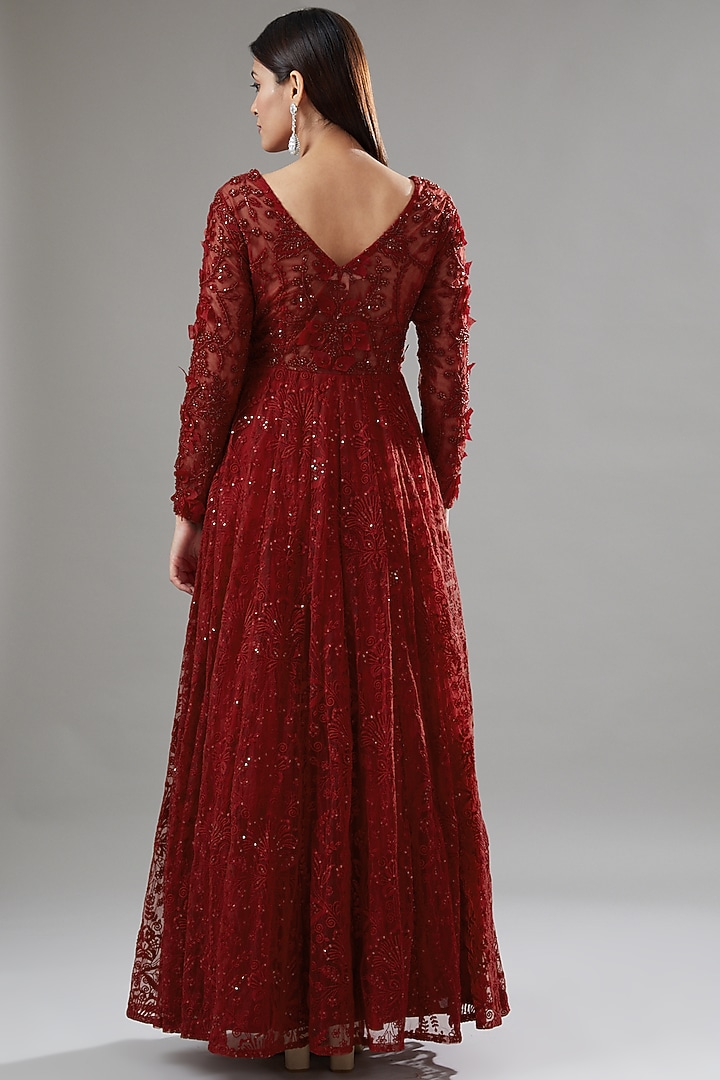Red Tulle & Organza Embroidered Bridal Anarkali Set by Ridhima Bhasin at Pernia's Pop Up Shop