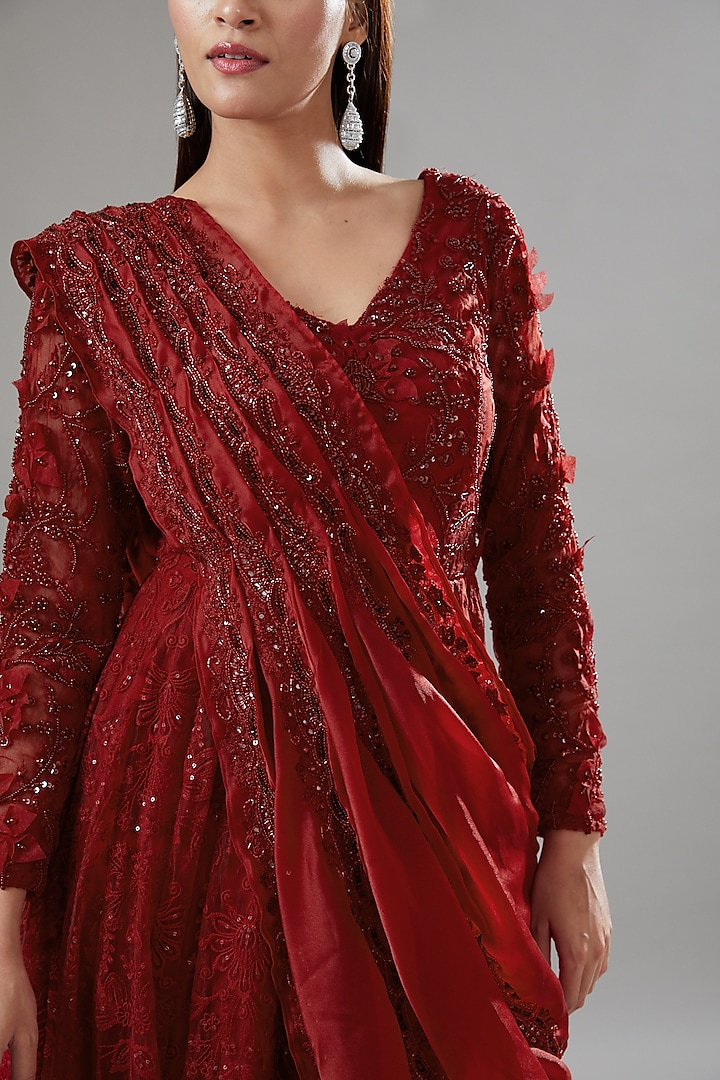 Red Tulle & Organza Embroidered Bridal Anarkali Set by Ridhima Bhasin at Pernia's Pop Up Shop