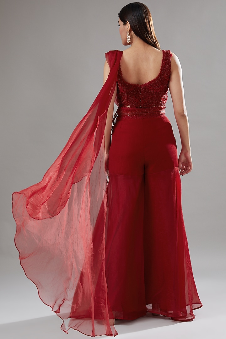Red Tulle & Organza Sharara Wedding Saree Set by Ridhima Bhasin at Pernia's Pop Up Shop