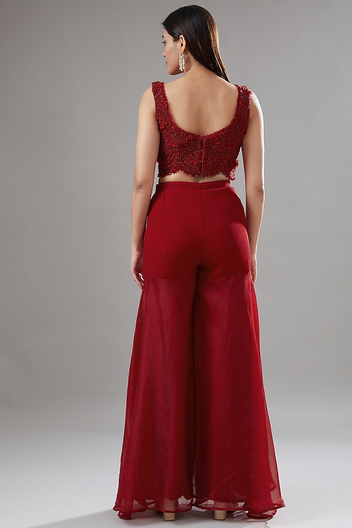 Red Tulle & Organza Sharara Wedding Saree Set by Ridhima Bhasin at Pernia's Pop Up Shop