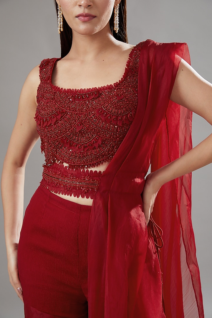 Red Tulle & Organza Sharara Wedding Saree Set by Ridhima Bhasin at Pernia's Pop Up Shop