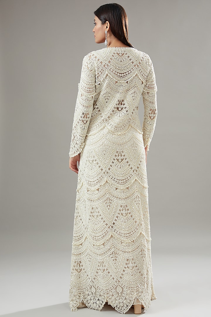 White Organza Embroidered Jacket Set by Ridhima Bhasin at Pernia's Pop Up Shop