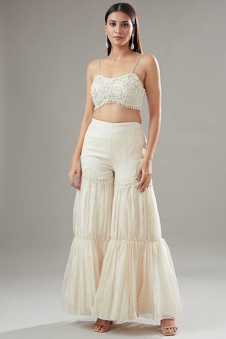 White Organza Embroidered Jacket Set by Ridhima Bhasin at Pernia's Pop Up Shop