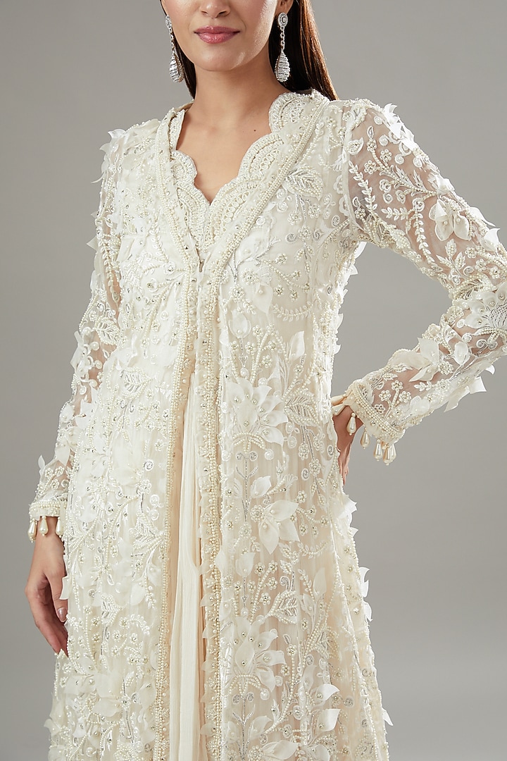Ivory Organza Embroidered Bridal Anarkali Set by Ridhima Bhasin at Pernia's Pop Up Shop