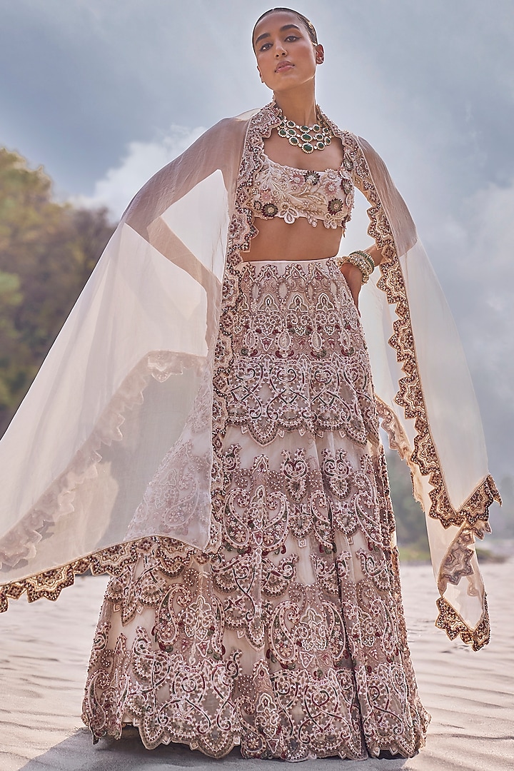 Ivory Organza Hand & Machine Embroidered Lehenga Set by Ridhima Bhasin