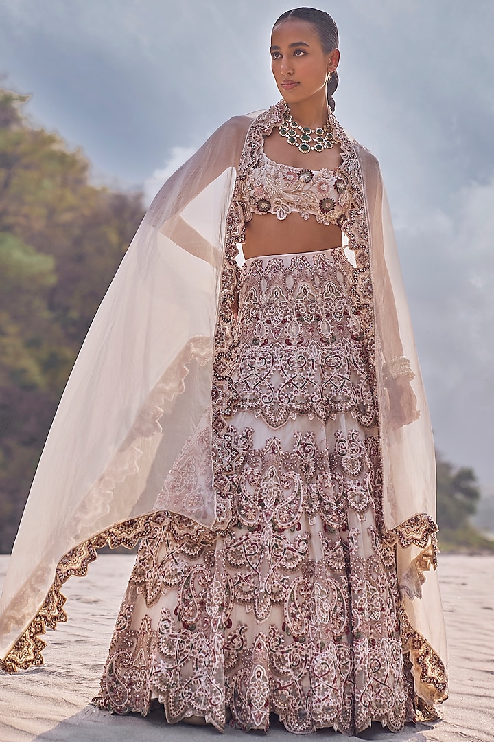 Ivory Organza Hand & Machine Embroidered Bridal Lehenga Set by Ridhima Bhasin at Pernia's Pop Up Shop