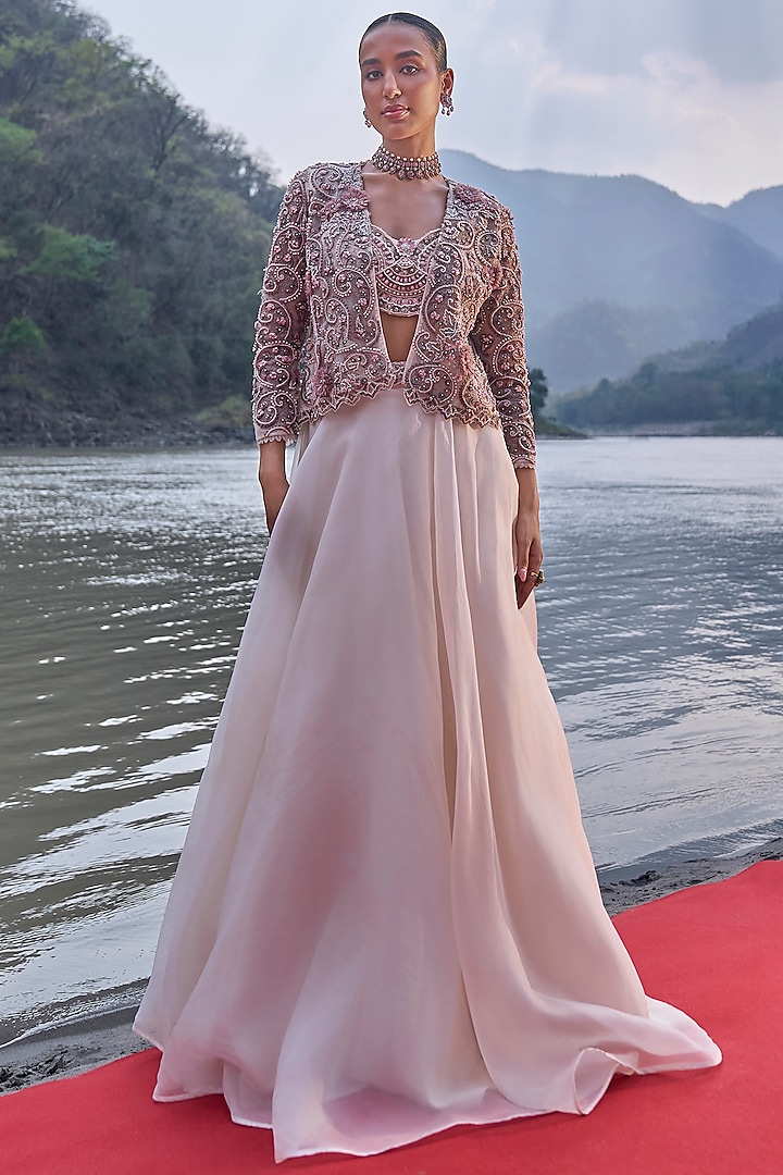 Ivory Organza & Net Jacket Lehenga Set by Ridhima Bhasin