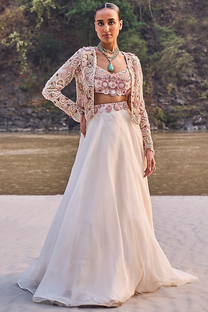 Ivory Organza & Crepe Flowy Jacket Lehenga Set by Ridhima Bhasin