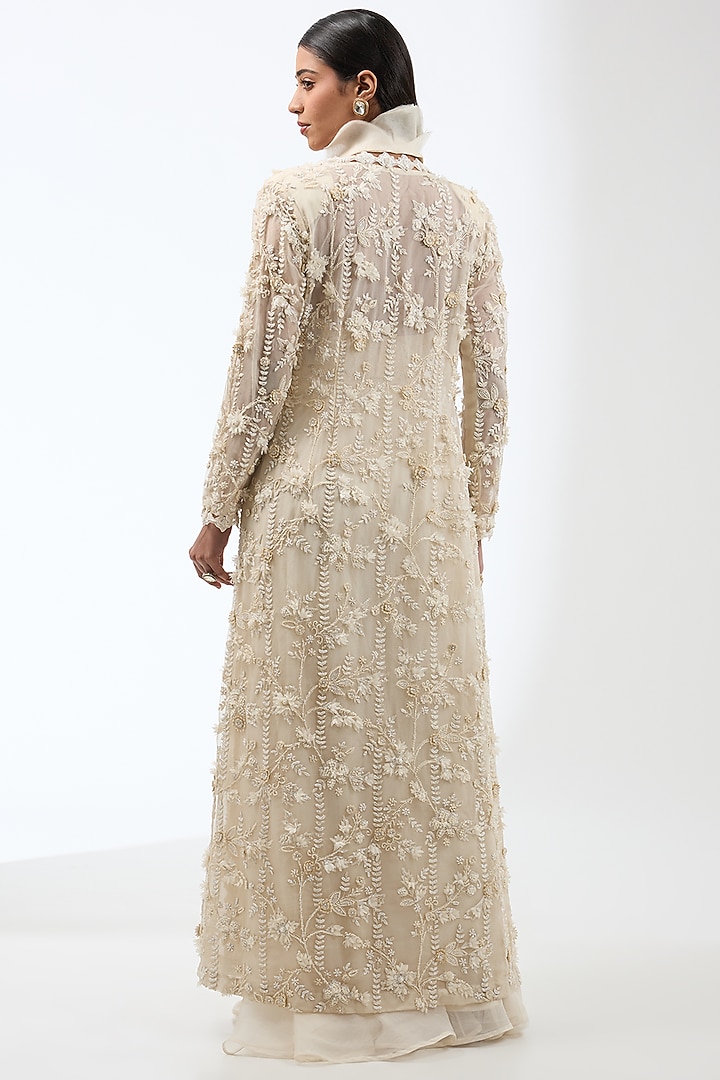 Ivory Organza & Crepe 3D Floral Jacket Set by Ridhima Bhasin at Pernia's Pop Up Shop
