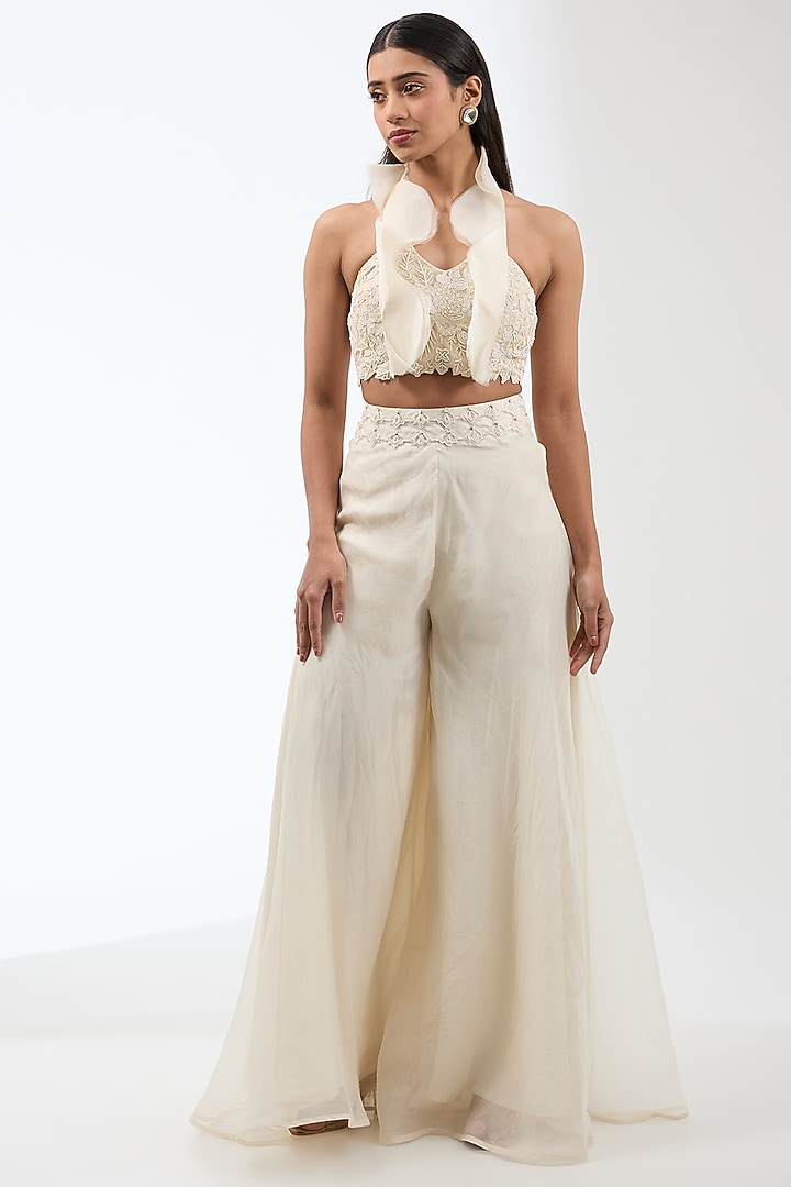 Ivory Organza & Crepe 3D Floral Jacket Set by Ridhima Bhasin at Pernia's Pop Up Shop