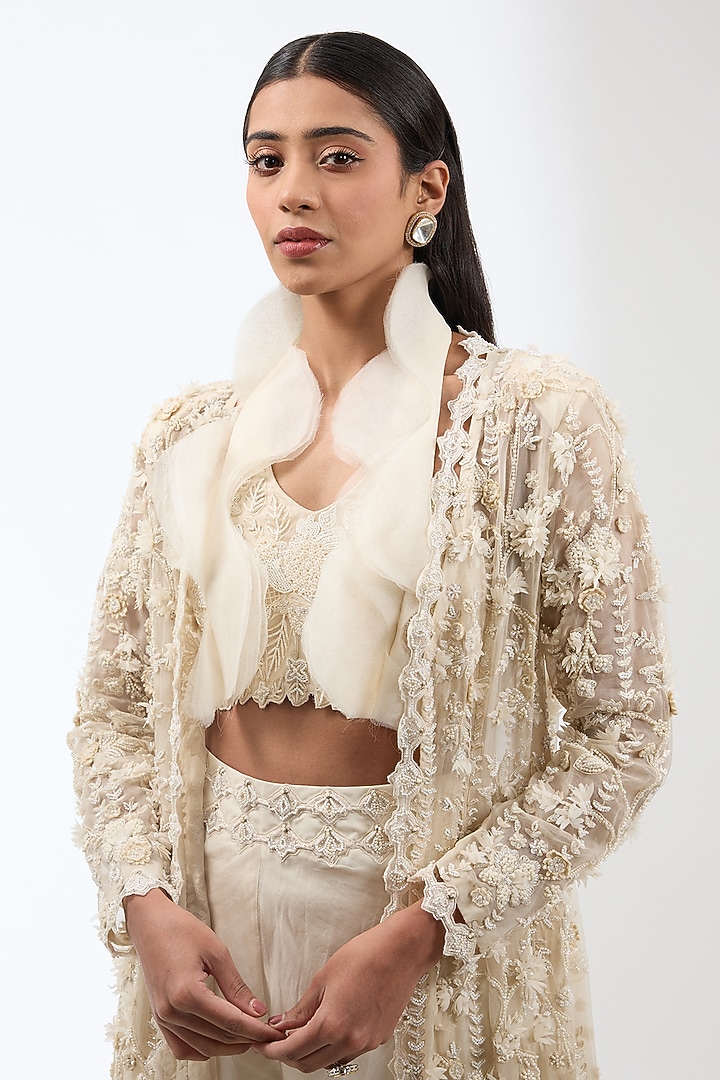 Ivory Organza & Crepe 3D Floral Jacket Set by Ridhima Bhasin at Pernia's Pop Up Shop