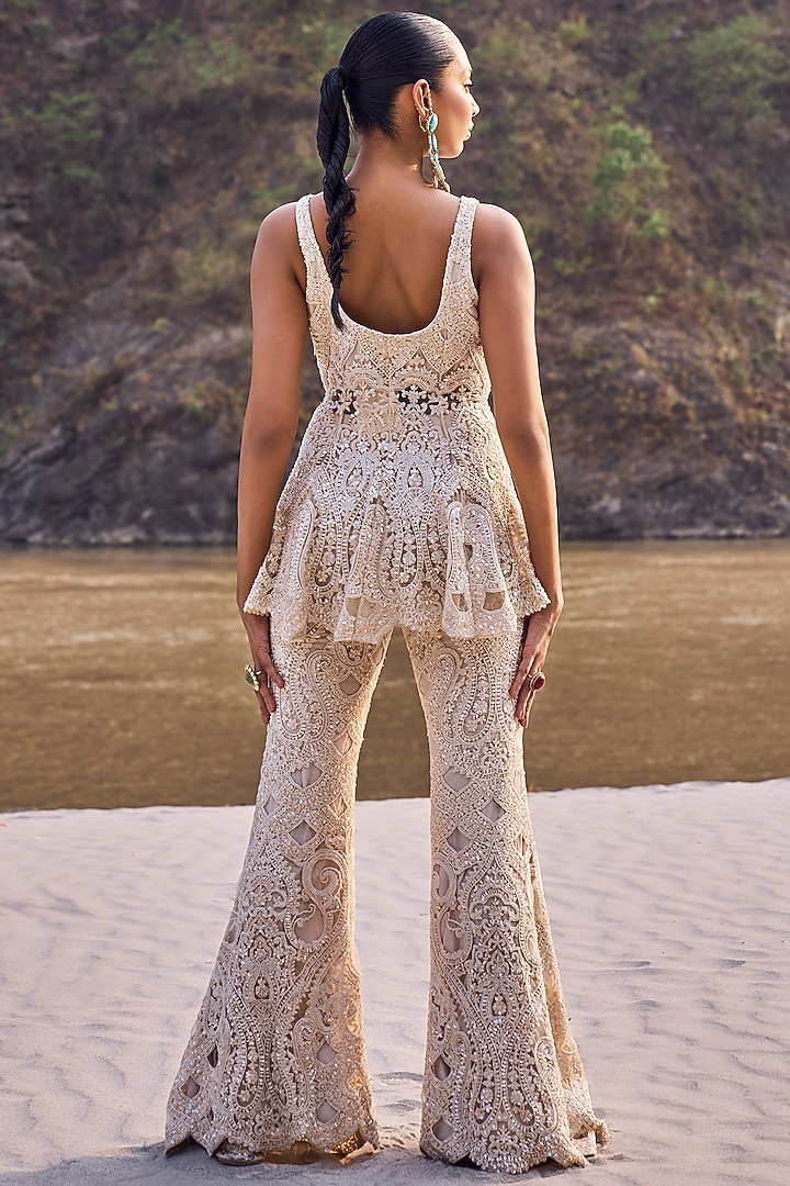 Ivory Net Hand & Machine Embroidered Bridal Sharara Set by Ridhima Bhasin at Pernia's Pop Up Shop